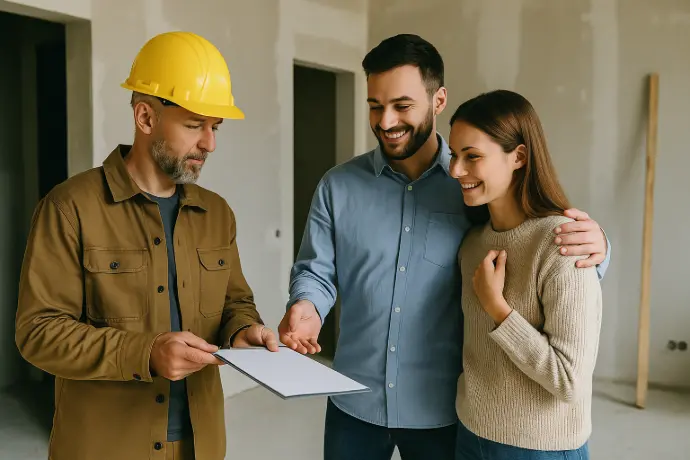 Jeune couple accompagné d’un professionnel du bâtiment lors d’une visite de chantier, observant les travaux et recevant des explications techniques, illustrant le budget maîtrisé et la confiance instaurée grâce à la Méthode VIDA.