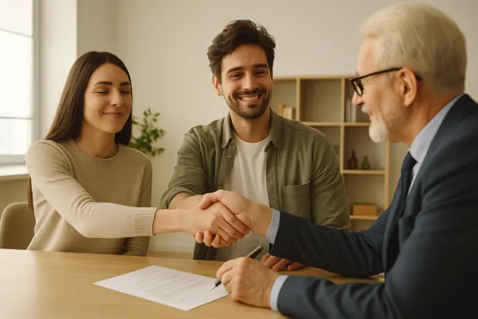 Jeune couple souriant serrant la main d’un notaire après la signature de la promesse de vente, représentant la clarté et la sérénité obtenues grâce à la Méthode VIDA pendant les 10 jours de rétractation.
