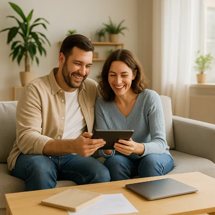 Jeune couple assis côte à côte sur le canapé de leur nouvel appartement rénové, souriant et détendu, symbolisant la clarté et la sérénité retrouvées dans leur relation grâce à la Méthode VIDA.